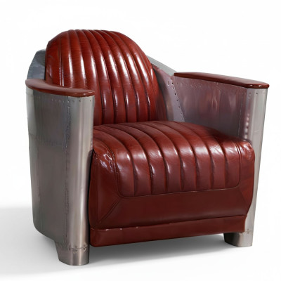 Bank Fauteuil Echt-lederen bank club Lounge Retro Aviator Vintage Aluminium Vliegtuig