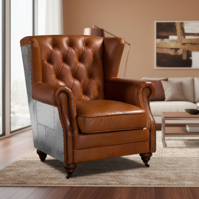 Ohrenfauteuil Echtleder Vintage Cigar Oorfauteuil Tv-fauteuil Leren fauteuil