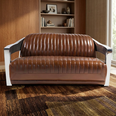 Echtlederen bank Leren designbank 3-zits vintage bank Aluminium metaal