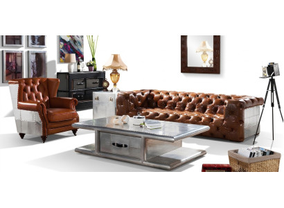 Ledersofa Bankstel 3 zits Vintage Leer Meubels Driezits Bank Aluminium Bankstellen