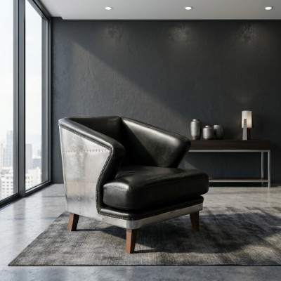 Clubstoel zwart leer leren stoel vintage fauteuil meubilair relax