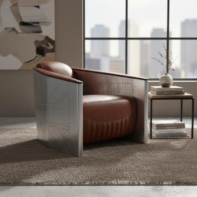 Sofa Stoel Echt leer Bank club Lounge Aviator Vintage Aluminium Vliegtuig Retro