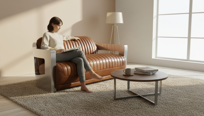 Sofa Vintage 2-zits leren bank in retrostijl echt leer aluminium meubels met studs.