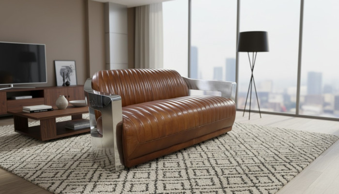 Sofa Vintage 2-zits leren bank in retrostijl echt leer aluminium meubels met studs.