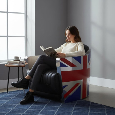 Echtlederen Vintage leren fauteuil Decoratieve designstoel Rocket Union Jack Vintage