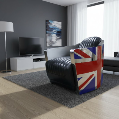 Echtlederen Vintage leren fauteuil Decoratieve designstoel Rocket Union Jack Vintage