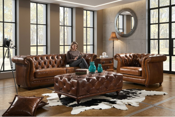 Vintage Chesterfield Bankstel Bank Bank Sofa Leder 3+1 Zits Set 2-delig.