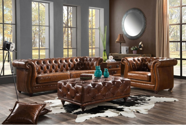 Vintage Chesterfield Bankstel Bank Bank Sofa Leder 3+1 Zits Set 2-delig.