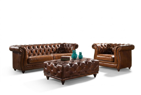 Vintage Chesterfield Bankstel Bank Bank Sofa Leder 3+1 Zits Set 2-delig.