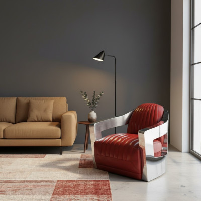 Vliegtuig Vintage Leren Stoel Rood Echt Leer Retro Fauteuil Design Clubsessel