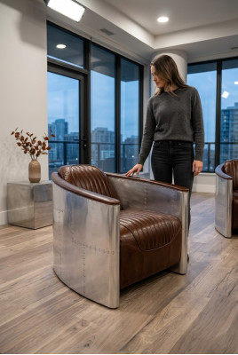 Aviator Bank Fauteuil Bank club Lounge Vliegtuig Retro Echt Leer Vintage Aluminium