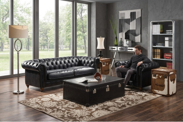 Chesterfield bankstel 3-zits met fauteuil zwart vintage leer meubelstijl 2-delig. Nieuw