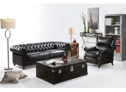 Chesterfield bankstel 3-zits met fauteuil zwart vintage leer meubelstijl 2-delig. Nieuw