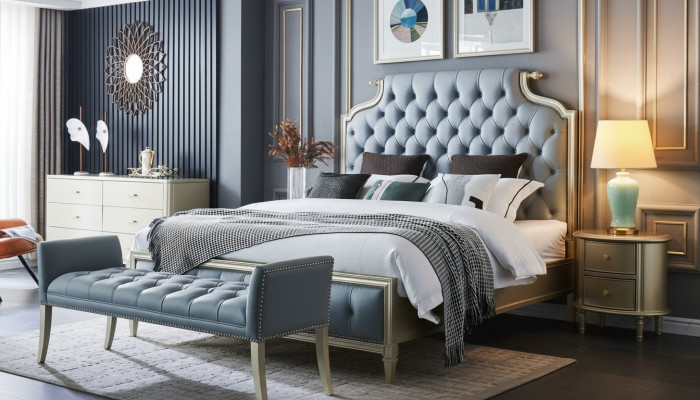 Een hoogwaardig designerbed in Chesterfield-stijl voor uw slaapkamer.