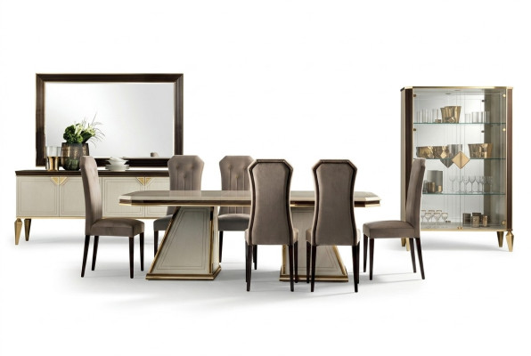 Stel van 6 designerstoelen voor eetkamer, met leuningen en gestoffeerde zitting, complete set van stoelen.