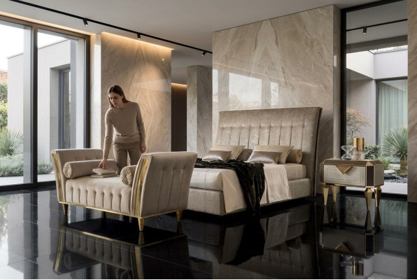 Bed 2x Nachtkastje Chaiselounge 4-delige Slaapkamer Set Meubels Modern Luxe Bedden