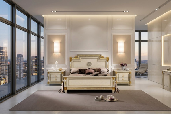 Bed + 2x bedside table 3-piece bedroom set Designer luxury bedroom Baroque