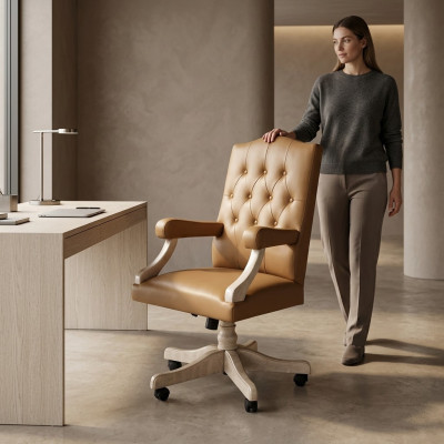 Luxe kantoorstoel met bekleding, draaibaar, ontwerper meubels, kantoorbaas.