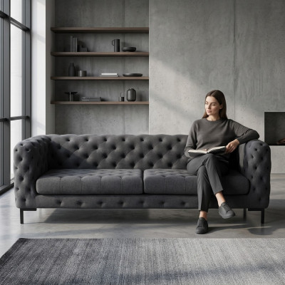 Grijze gestoffeerde Chesterfield 3-zits luxe woonkamerbank