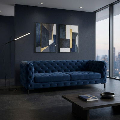 Stijlvolle Blauwe Chesterfield 3-zits Woonkamer Luxe Bankstel