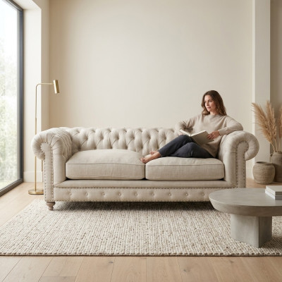 Witte gestoffeerde Chesterfield 3-zits luxe woonkamerbank