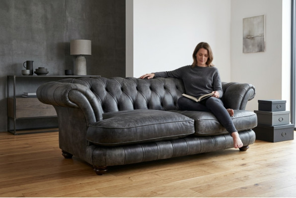 Chesterfield Big Xxl Bank % Leder Zwart 3-Zits Vintage Stijl