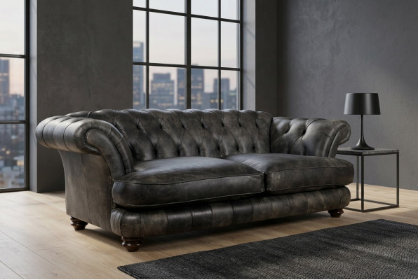 Chesterfield Big Xxl Bank % Leder Zwart 3-Zits Vintage Stijl