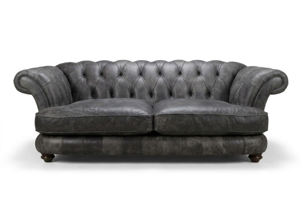 Chesterfield Big Xxl Bank % Leder Zwart 3-Zits Vintage Stijl