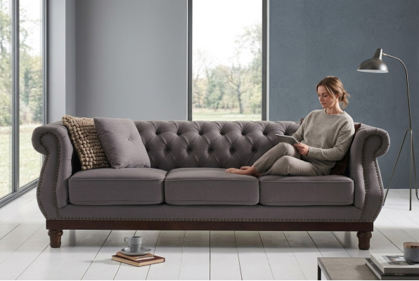 Grijze Chesterfield bank bank bekleding stoffen bank designer 3-zits