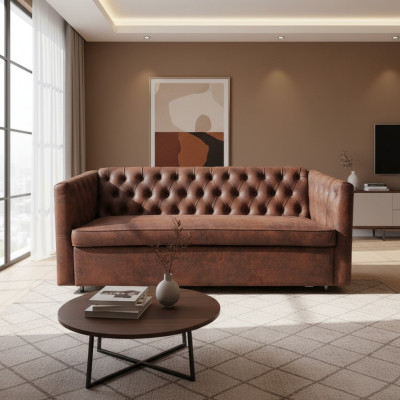 Amerikaanse stijl Chesterfield bankstel van leer in bruin, driezitsbank.