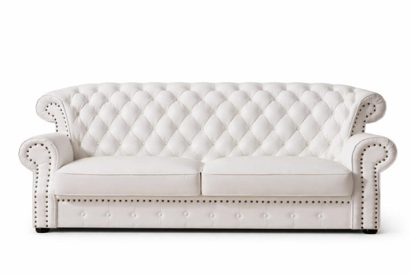 Witte Chesterfield-driepersoonsbank met hoge rugleuning, echt handgemaakt lederen bankstel.