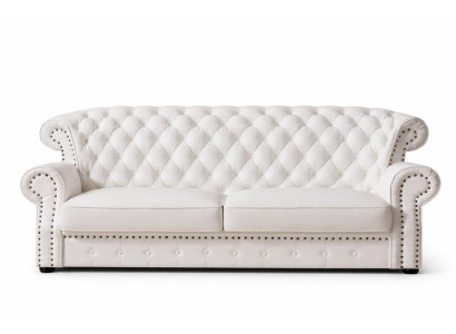 Witte Chesterfield-driepersoonsbank met hoge rugleuning, echt handgemaakt lederen bankstel.
