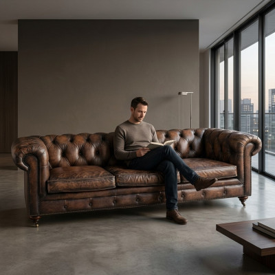Bruine Chesterfield 3-zits leren bank Engelse stijl meubels