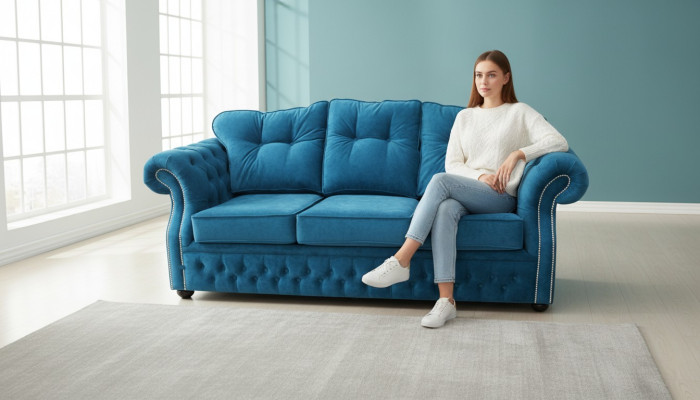 Blauwe Chesterfield stoffen bekleding driezits woonkamer bank ontwerp