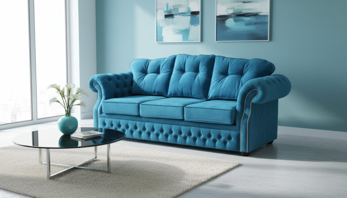 Blauwe Chesterfield stoffen bekleding driezits woonkamer bank ontwerp