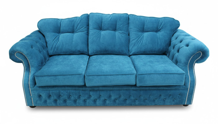 Blauwe Chesterfield stoffen bekleding driezits woonkamer bank ontwerp
