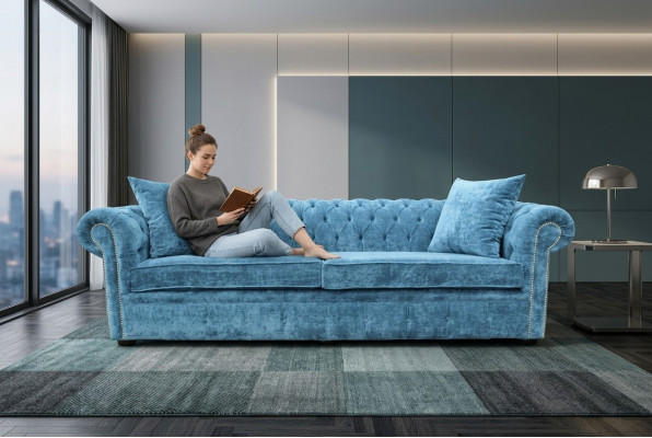 Klassieke woonkamerbank - Blauwe Chesterfield stoffen bank 3-zitter jvmoebel ®