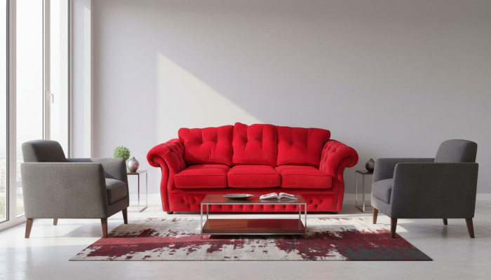 Rood Chesterfield stoffen gestoffeerde driezits woonkamerbankontwerp