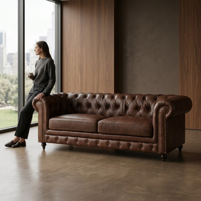 Chesterfield 3-zits Klassieke Luxe Barok Rococo Sofa Textiel Lederen Bank Nieuw