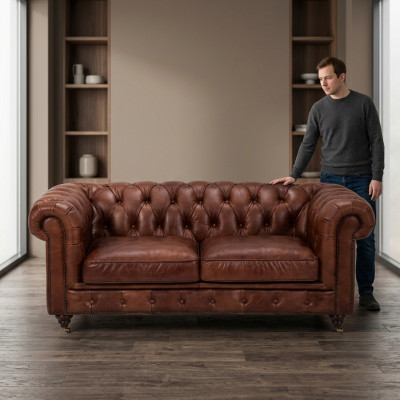 Chesterfield 2-zits Klassieke Luxe Barok Rokoko Sofa Bruin Leren Bank Nieuw