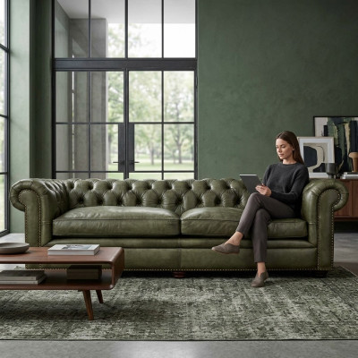 Elegante woonkamer bank vierzits Chesterfield leer stof banken bank nieuw.