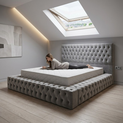 Chesterfield Groot Bed Groot Hoofdeinde Bedden Bekleed Hotel Fluweel Grijs Stof Oren