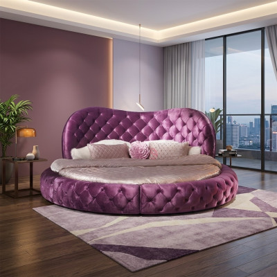 Rond designbed van Chesterfield-stijl voor de slaapkamer, gestoffeerd met paars textiel en leer, luxueus.