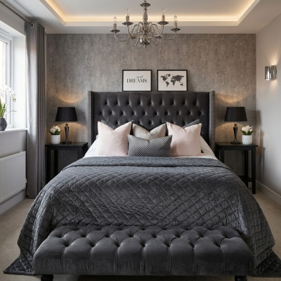 Groot stoffen bed in Chesterfield design Gestoffeerde textiel designer tweepersoonsbedden.