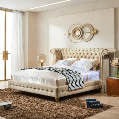 Klassieke slaapkamer bed Beige textiel lederen bekleding Tweepersoonsbed 180x200cm