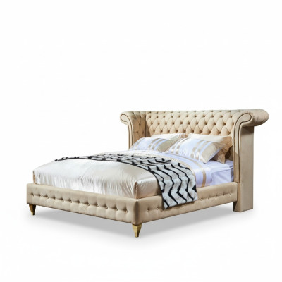 Klassieke slaapkamer bed Beige textiel lederen bekleding Tweepersoonsbed 180x200cm