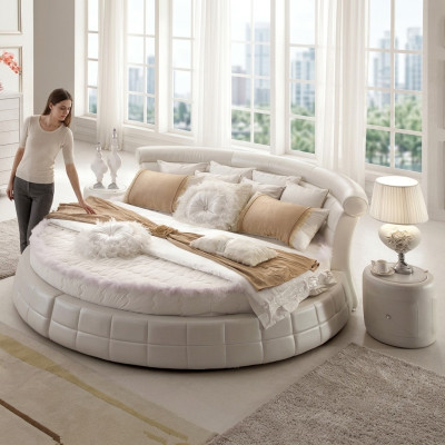 Klassieke ronde bedden - Ronde luxe designer bed gestoffeerd met elegant leer fluweel