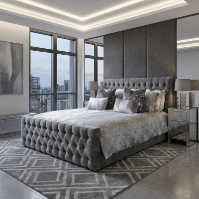 Grijze stijlvolle Chesterfield tweepersoonsbed ontwerper slaapkamer bedden.