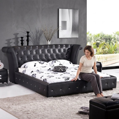 Chesterfield Groot Bed XXL Hoofdeinde Bedden Bekleding Hotel Velours Zwart Stof Oren