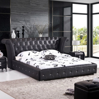 Chesterfield Groot Bed XXL Hoofdeinde Bedden Bekleding Hotel Velours Zwart Stof Oren